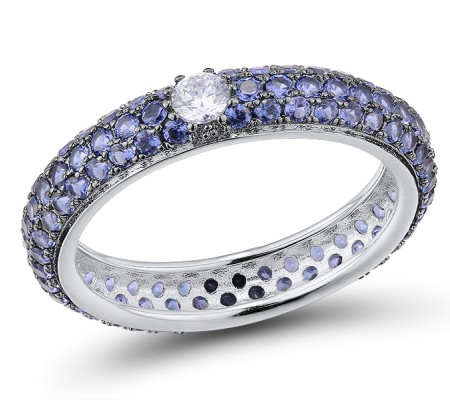 Sterling Silver w/ Black White Plating Ring Blue Nano Cubic Zirconia,White Cubic Zirconia (R310104HBZZSK925)