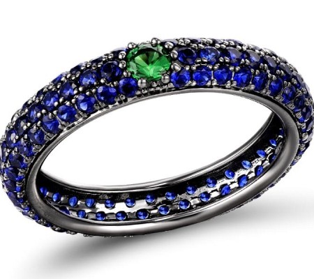 Sterling Silver w/ Black Plating Ring Blue Nano Cubic Zirconia,Green Spinel (R310104SCG1SB925)