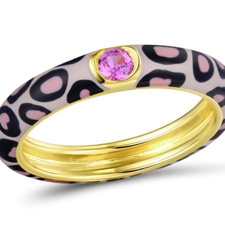 Sterling Silver w/ Yellow Plating Ring Created Pink Sapphire,Enamel (R310114ENA2SY925) - US 6