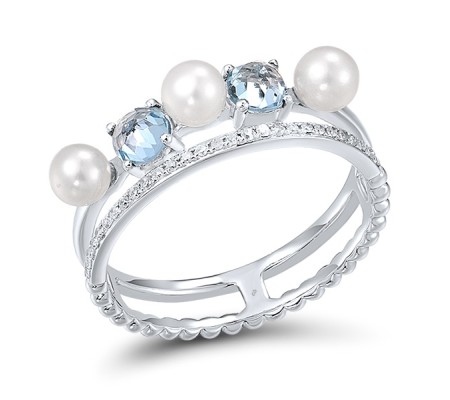 14KWB Ring Blue Topaz (Swiss Blue),Diamond,Fresh Water White Pearl (R310611BTF14KWB)