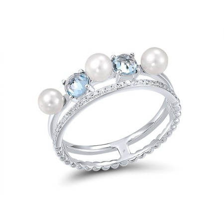 14KWB Ring Blue Topaz (Swiss Blue),Diamond,Fresh Water White Pearl (R310611BTF14KWB)