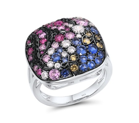 Sterling Silver w/ Black White Plating Ring Black spinel,Blue Nano Cubic Zirconia,Blue Spinel,Created Pink Sapphire,Created Ruby,White Cubic Zirconia,Yellow Nano Crystal (R310652MUL2SK925) - US 6