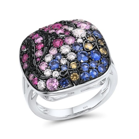 Sterling Silver w/ Black White Plating Ring Black spinel,Blue Nano Cubic Zirconia,Blue Spinel,Created Pink Sapphire,Created Ruby,White Cubic Zirconia,Yellow Nano Crystal (R310652MUL2SK925) - US 6