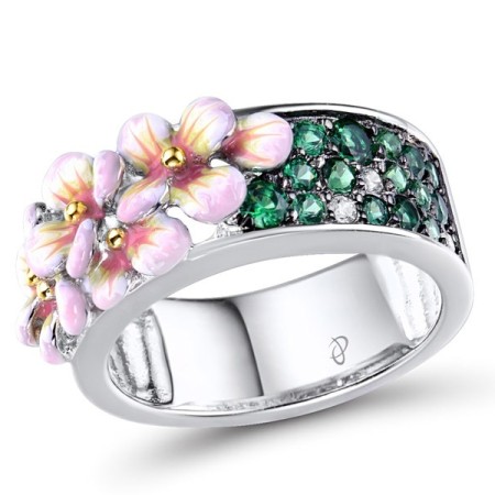 Sterling Silver w/ Yellow Black White Plating Ring Enamel,Green Spinel,White Cubic Zirconia (R310653ENA2SZ925)