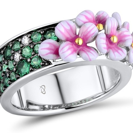 Sterling Silver w/ Yellow Black White Plating Ring Enamel,Green Spinel,White Cubic Zirconia (R310653ENASZ925)