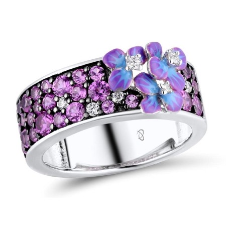 Sterling Silver w/ Black White Plating Ring Created Pink Sapphire,Enamel,White Cubic Zirconia (R310655ENASK925)