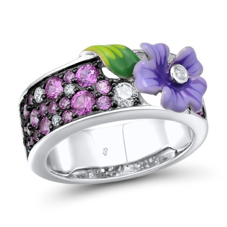 Sterling Silver w/ Black White Plating Ring Created Pink Sapphire,Enamel,White Cubic Zirconia (R310656ENA1SK925)