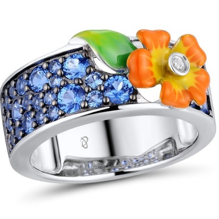 Sterling Silver w/ Black White Plating Ring Blue Spinel,Enamel,White Cubic Zirconia (R310656ENASK925)