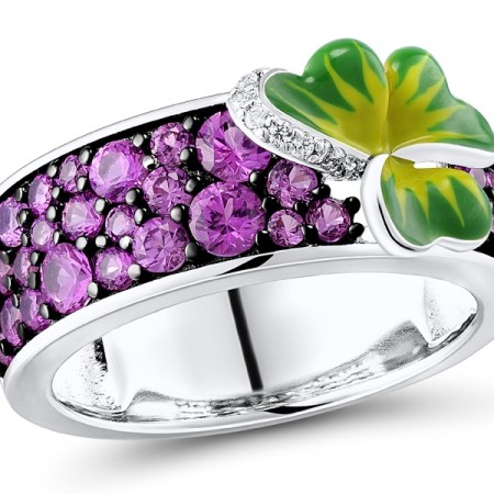 Sterling Silver w/ Black White Plating Ring Created Pink Sapphire,Enamel,White Cubic Zirconia (R310657ENASK925)