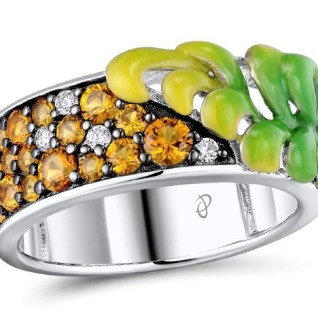 Sterling Silver w/ Black White Plating Ring Enamel,White Cubic Zirconia,Yellow Nano Crystal (R310658ENASK925)