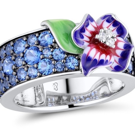 Sterling Silver w/ Black White Plating Ring Blue Spinel,Enamel,White Cubic Zirconia (R310660ENASK925)