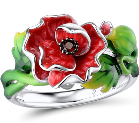 Sterling Silver w/ Black White Plating Ring Enamel,Garnet Nano Spinel (R310785ENASK925) - US 5.5