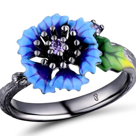 Sterling Silver w/ Black Plating Ring Amethyst Cubic Zirconia,Enamel (R310787ENASB925)