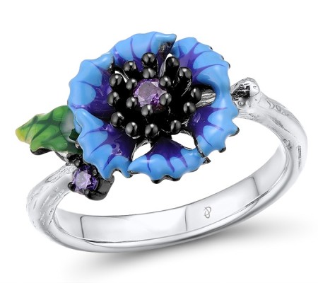 Sterling Silver w/ Black White Plating Ring Amethyst Cubic Zirconia,Enamel (R310787ENASK925) - US 5.5