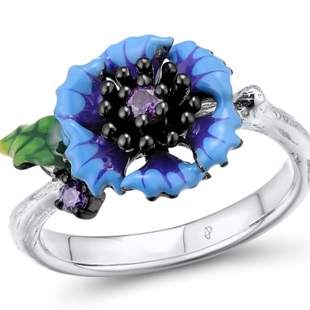 Sterling Silver w/ Black White Plating Ring Amethyst Cubic Zirconia,Enamel (R310787ENASK925) - US 5.5