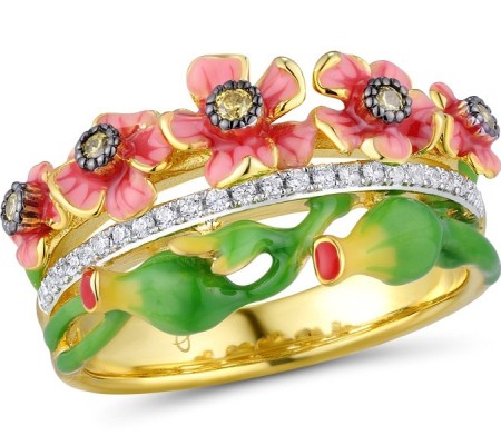 Sterling Silver w/ Yellow Black White Plating Ring Enamel,White Cubic Zirconia,Yellow Cubic Zirconia (R310789ENASZ925)