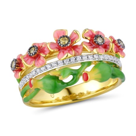 Sterling Silver w/ Yellow Black White Plating Ring Enamel,White Cubic Zirconia,Yellow Cubic Zirconia (R310789ENASZ925)