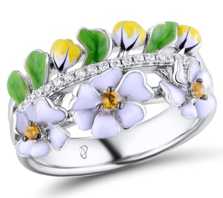 Sterling Silver w/ Black White Plating Ring Enamel,White Cubic Zirconia,Yellow Nano Crystal (R310790ENASK925) - US 6