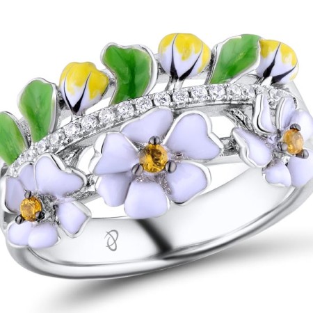 Sterling Silver w/ Black White Plating Ring Enamel,White Cubic Zirconia,Yellow Nano Crystal (R310790ENASK925) - US 6