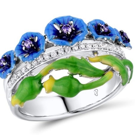 Sterling Silver w/ Black White Plating Ring Dark Purple CZ,Enamel,White Cubic Zirconia (R310791ENASK925)