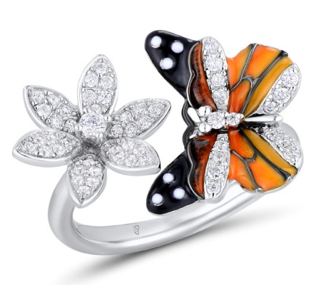 Sterling Silver w/ Black White Plating Ring White Cubic Zirconia,Enamel (R310831ENASK925) - US 5.5