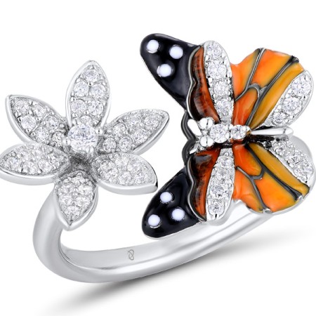 Sterling Silver w/ Black White Plating Ring White Cubic Zirconia,Enamel (R310831ENASK925) - US 5.5