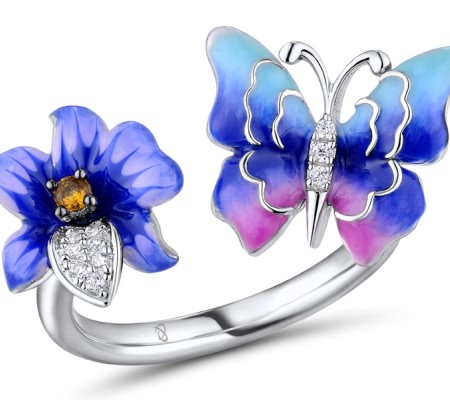 Sterling Silver w/ Black White Plating Ring Enamel,White Cubic Zirconia,Yellow Nano Crystal (R310832ENASK925) - US 5.5