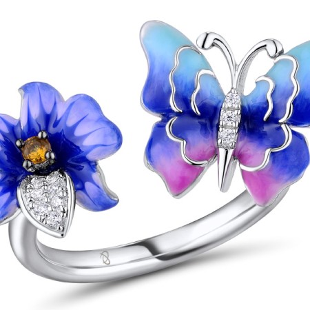 Sterling Silver w/ Black White Plating Ring Enamel,White Cubic Zirconia,Yellow Nano Crystal (R310832ENASK925) - US 5.5