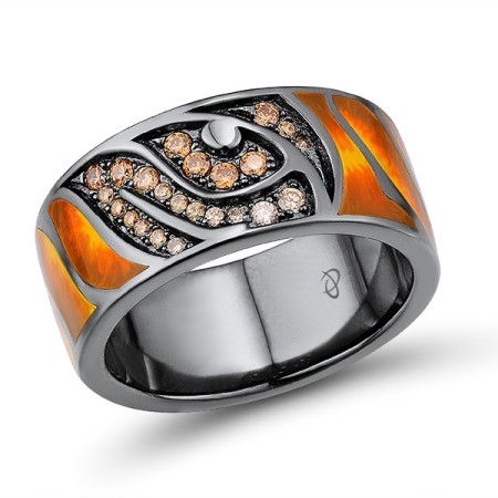 Sterling Silver w/ Black Plating Ring Champagne Cubic Zirconia,Enamel (R310897ENASB925)