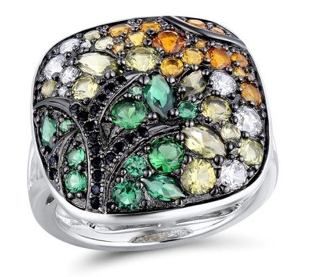 Sterling Silver w/ Black White Plating Ring Black spinel,Green Nano Cubic Zirconia (Per,Green Spinel,White Cubic Zirconia,Yellow Nano Crystal (R311068MULSK925) - US 6