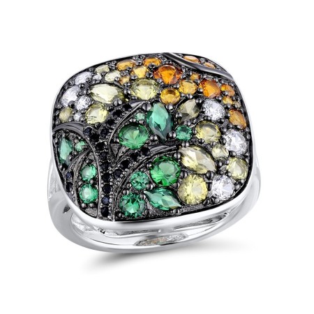 Sterling Silver w/ Black White Plating Ring Black spinel,Green Nano Cubic Zirconia (Per,Green Spinel,White Cubic Zirconia,Yellow Nano Crystal (R311068MULSK925) - US 6
