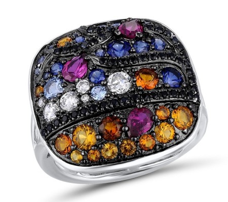 Sterling Silver w/ Black White Plating Ring Black spinel,Blue Spinel,Created Ruby,Created Sapphire,White Cubic Zirconia,Yellow Nano Cubic Zirconia (Ci (R311069MULSK925)