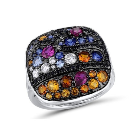 Sterling Silver w/ Black White Plating Ring Black spinel,Blue Spinel,Created Ruby,Created Sapphire,White Cubic Zirconia,Yellow Nano Cubic Zirconia (Ci (R311069MULSK925)
