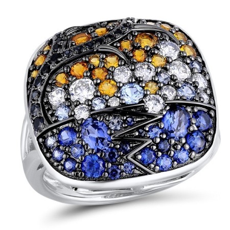 Sterling Silver w/ Black White Plating Ring Black spinel,Blue Spinel,Created Sapphire,White Cubic Zirconia,Yellow Nano Crystal (R311070MULSK925)