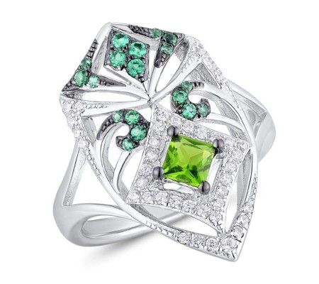 Sterling Silver w/ Black White Plating Ring Green Glass,Green Spinel,White Cubic Zirconia (R311072GGNZSK925)