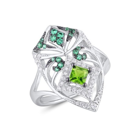 Sterling Silver w/ Black White Plating Ring Green Glass,Green Spinel,White Cubic Zirconia (R311072GGNZSK925)