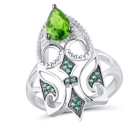 Sterling Silver w/ Black White Plating Ring Green Glass,Green Spinel,White Cubic Zirconia (R311073GGNZSK925)