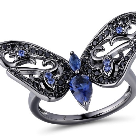 Sterling Silver w/ Black Plating Ring Black spinel,Blue Glass,Blue Nano Cubic Zirconia (R311074BGBNSB925)