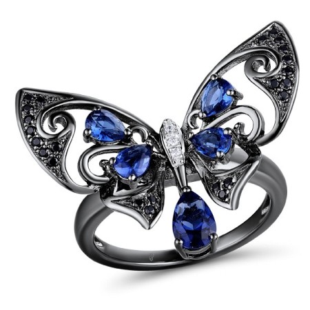 Sterling Silver w/ Black White Plating Ring Black spinel,Blue Glass,White Cubic Zirconia (R311075BSBZSK925)