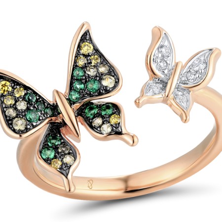 Sterling Silver w/ Rose Black White Plating Ring Green Spinel,White Cubic Zirconia,Yellow Cubic Zirconia,Green Nano Cubic Zirconia (Per (R311115MULSV925) - US 6