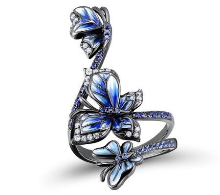 Sterling Silver w/ Black Plating Ring Blue Nano Cubic Zirconia,Blue Spinel,Enamel,White Cubic Zirconia (R312023ENASB925) - US 6.75