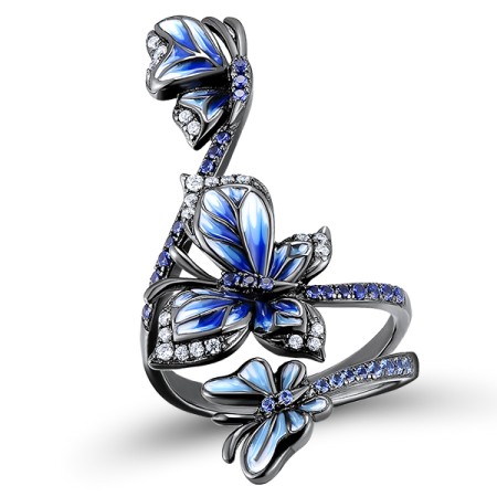 Sterling Silver w/ Black Plating Ring Blue Nano Cubic Zirconia,Blue Spinel,Enamel,White Cubic Zirconia (R312023ENASB925) - US 6.75