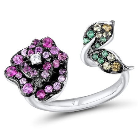 Sterling Silver w/ Black White Plating Ring Created Pink Sapphire,Created Ruby,Green Nano Cubic Zirconia (Per,Green Spinel,White Cubic Zirconia,Yellow Nano Crystal (R312110MULSK925) - US 6