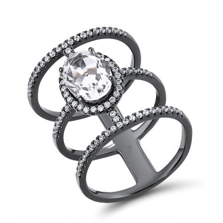 Sterling Silver w/ Black Plating Ring White Cubic Zirconia,White Glass (R312209WGZSB925)