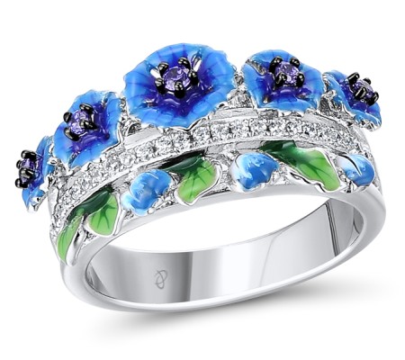 Sterling Silver w/ Black White Plating Ring Enamel,White Cubic Zirconia,Dark Purple CZ (R312236ENASK925) - US 6