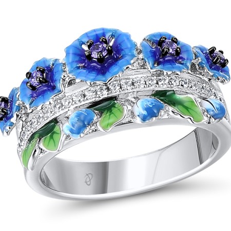 Sterling Silver w/ Black White Plating Ring Enamel,White Cubic Zirconia,Dark Purple CZ (R312236ENASK925) - US 6