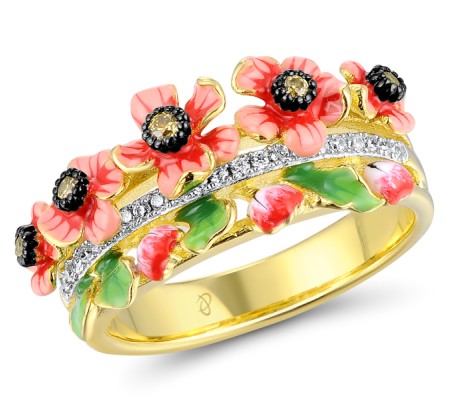 Sterling Silver w/ Yellow Black White Plating Ring Enamel,White Cubic Zirconia,Yellow Cubic Zirconia (R312237ENASZ925) - US 6