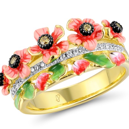 Sterling Silver w/ Yellow Black White Plating Ring Enamel,White Cubic Zirconia,Yellow Cubic Zirconia (R312237ENASZ925) - US 6