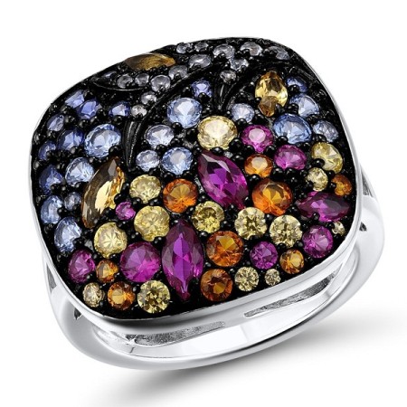 Sterling Silver w/ Black White Plating Ring Blue Spinel,Chocolate CZ,Created Ruby,Created Sapphire,Yellow Nano Crystal (R312376MULSK925)