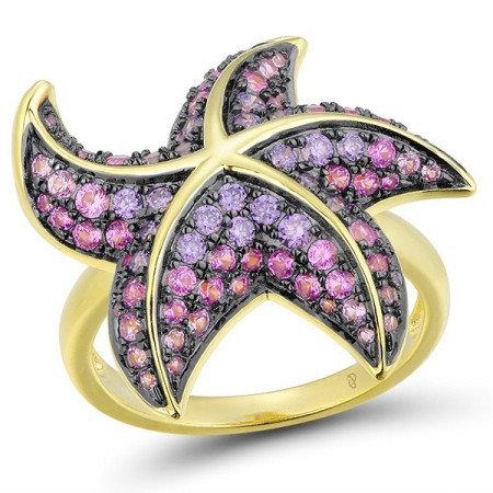 Sterling Silver w/ Yellow Black Plating Ring Amethyst Cubic Zirconia,Created Pink Sapphire (R312821AZCPSC925) - US 8
